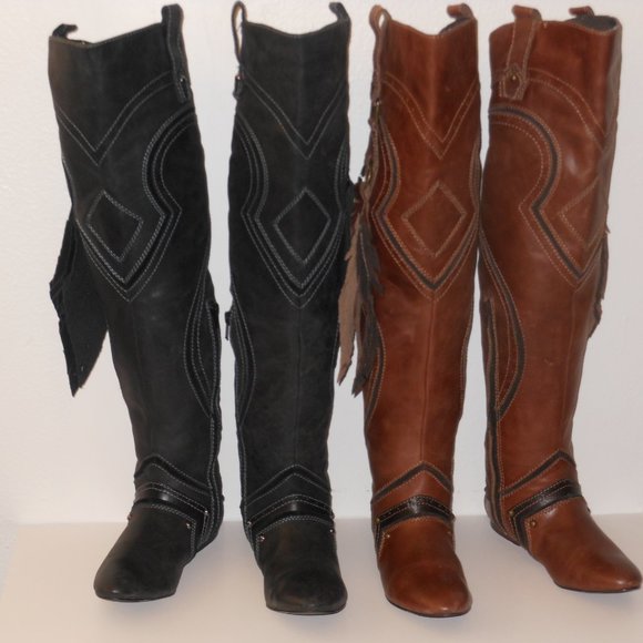 ZIGINY TAN AND BLACK LEATHER KNEE HIGH BOOT LOT SIZE 6.5 MEDIUM - Picture 4 of 16